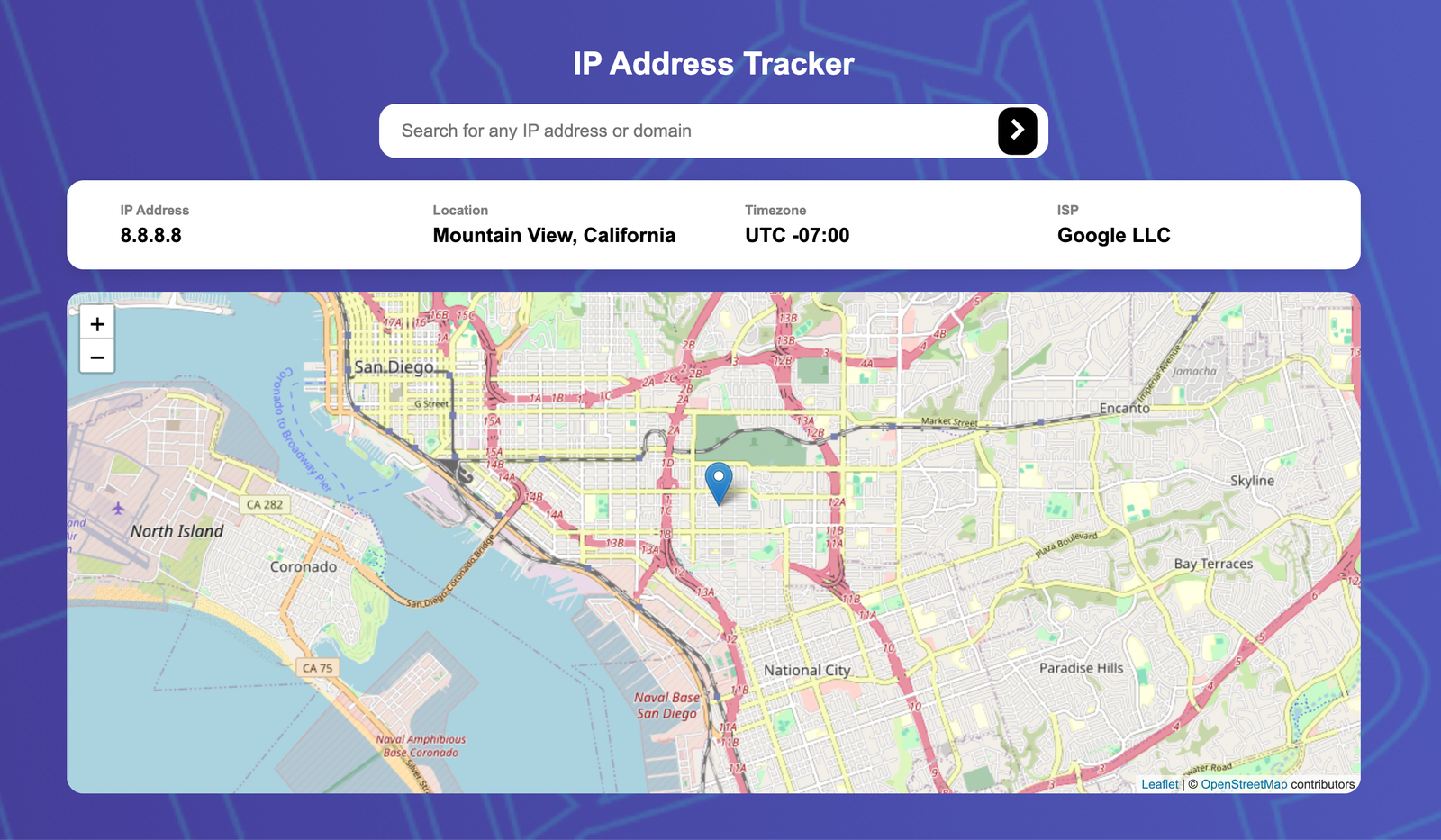 Map displaying location based on IP Address Tracker